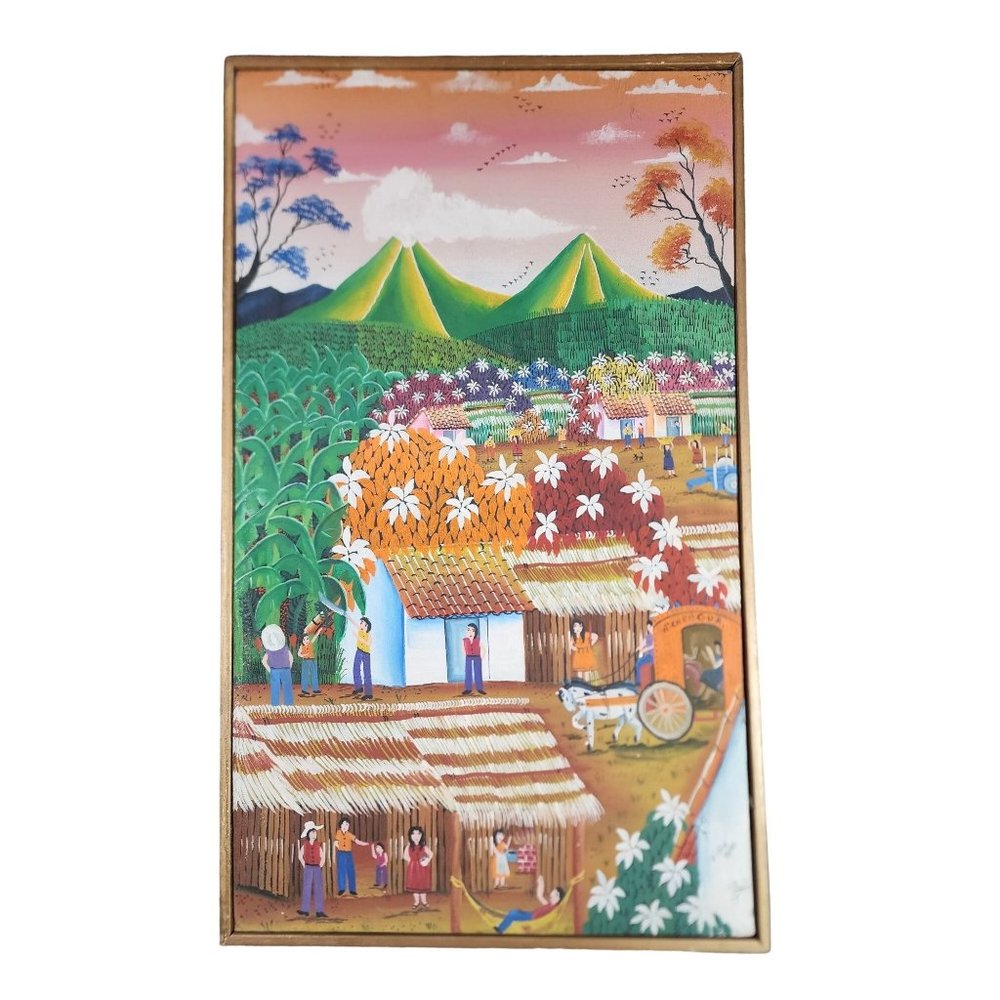 Nicaraguan Country Folk Art Oil Painting on Canvas Signed Flowers Village Life